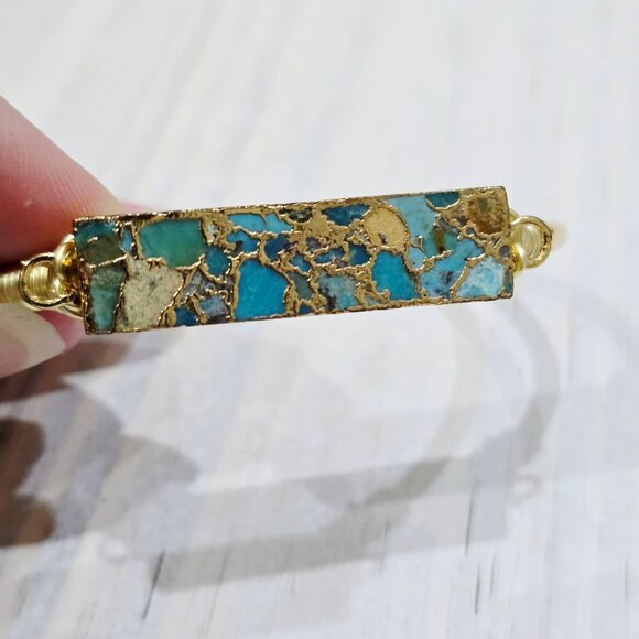 Turquoise Bar Wire Wrap Cuff w/ 14Kt Gold Over Copper – Adjustable & Unique - Picture 5 of 9